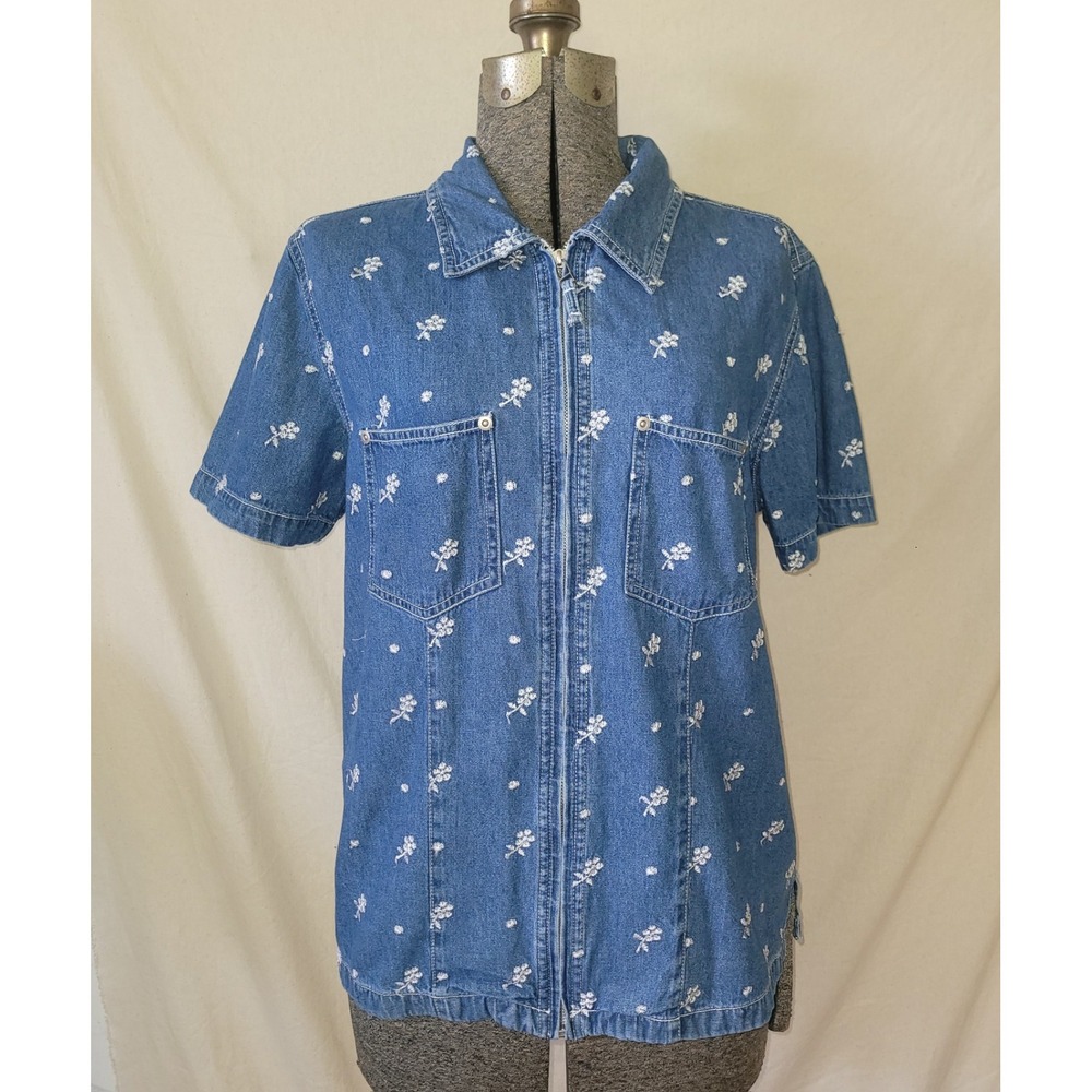 Denim‎ & Co Vintage 90s Y2K Blue Denim Embroidered Floral Zip Up Shirt Size M/L